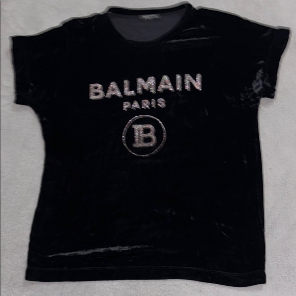 Balmain Tops - Balmain Black velvet tee this glitter logo, used
